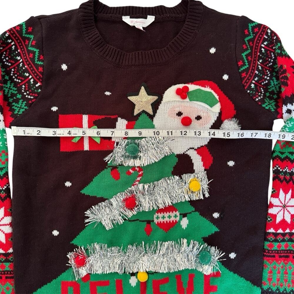 No Boundaries Women Black Christmas Sweater Santa and Tree Tinsel Size L 11-13 - Picture 7 of 7